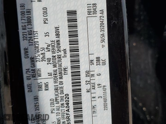 2024 Ford F-150 XLT with VIN 1FTFW3L85RFA04020, listed as a Copart auction lot 55082065 with 8,641 mi miles and Salvage Title. Bid and sale history available at carsss.com. Image 12.
