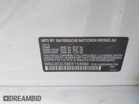 2014 BMW 3 Series 328d with VIN WBA3D3C58EK154684, listed as a IAAI auction lot 42586949 with 125,351 mi miles and . Bid and sale history available at DreamBid. Image 9.