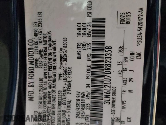 2013 Lincoln MKZ Hybrid with VIN 3LN6L2LU7DR823358, listed as a Copart auction lot 51864445 with 112,531 mi miles and Salvage title. Bid and sale history available at DreamBid. Image 13.