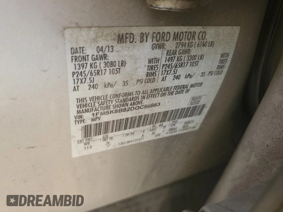 2013 Ford Explorer с VIN 1FM5K8B82DGC58983, выставлен на аукционе Copart как лот 54412955 с пробегом 214 378 миль миль и На запчасти • Non repairable. История ставок и продаж доступна на DreamBid. Изображение 13.