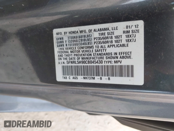 2012 Honda Odyssey Touring with VIN 5FNRL5H90CB045430, listed as a IAAI auction lot 42079770 with 113,901 mi miles and . Bid and sale history available at DreamBid. Image 9.