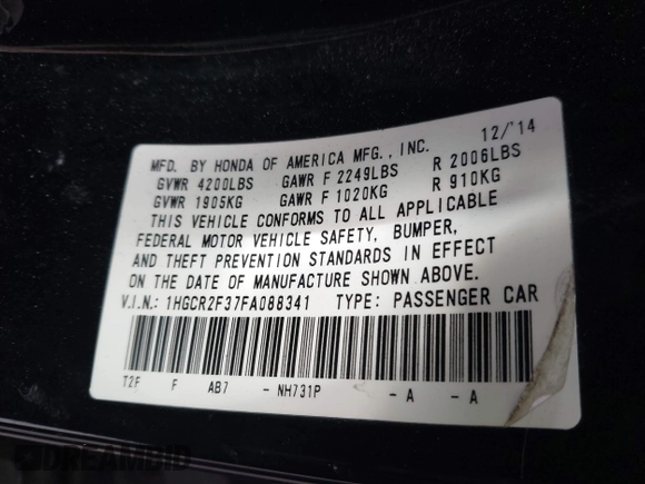 2015 Honda Accord Sedan LX with VIN 1HGCR2F37FA088341, listed as a IAAI auction lot 41662417 with 156,066 mi miles. Bid and sale history available at carsss.com. Image 9.