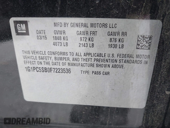 2015 Chevrolet Cruze LT with VIN 1G1PC5SB0F7223536, listed as a IAAI auction lot 41969133 with 88,172 mi miles and . Bid and sale history available at DreamBid. Image 9.
