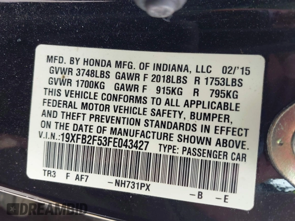 2015 Honda Civic LX with VIN 19XFB2F53FE043427, listed as a IAAI auction lot 42085488 with Not Provided miles and . Bid and sale history available at DreamBid. Image 9.