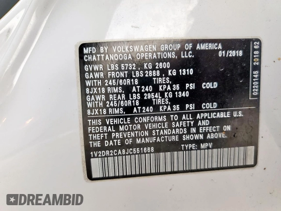 2018 Volkswagen Atlas SE with VIN 1V2DR2CA8JC551668, listed as a Copart auction lot 60636155 with 125,931 mi miles and Salvage title. Bid and sale history available at DreamBid. Image 13.
