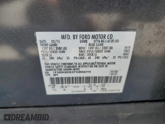 2015 Ford Explorer XLT with VIN 1FM5K8D8XFGB94319, listed as a Copart auction lot 54321245 with Not Provided miles and Non Repairable. Bid and sale history available at carsss.com. Image 13.