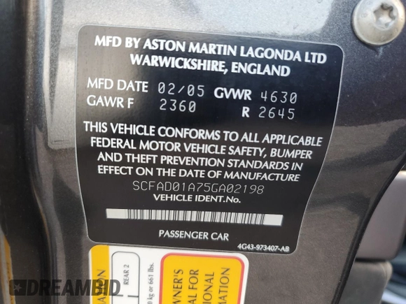 2005 Aston Martin DB9 z VIN SCFAD01A75GA02198, wystawiony jako Copart lot #75564554 z przebiegiem Nie podano mil oraz Nie do naprawy • Non repairable. Historia ofert i sprzedaży dostępna na DreamBid. Obrazek 13.