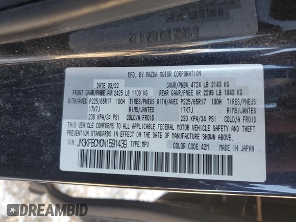 2022 Mazda CX-5 2.5 S Preferred Package with VIN JM3KFBCM0N1591439, listed as a Copart auction lot 45054655 with 56,498 mi miles and Salvage Title. Bid and sale history available at carsss.com. Image 14.