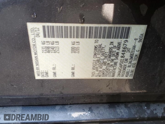2012 Nissan Maxima SV with VIN 1N4AA5AP1CC848679, listed as a Copart auction lot 62846985 with 163,250 mi miles and Salvage title. Bid and sale history available at DreamBid. Image 12.