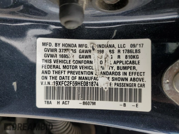 2017 Honda Civic Sedan LX with VIN 19XFC2F59HE081874, listed as a Copart auction lot 48633845 with 148,908 mi miles and Salvage Title. Bid and sale history available at carsss.com. Image 14.
