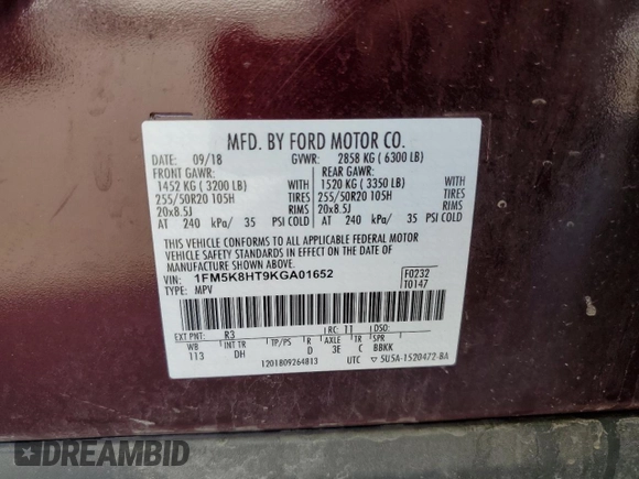 2019 Ford Explorer Platinum с VIN 1FM5K8HT9KGA01652, выставлен на аукционе Copart как лот 52686185 с пробегом Не указан миль и Списание • Salvage title. История ставок и продаж доступна на DreamBid. Изображение 13.