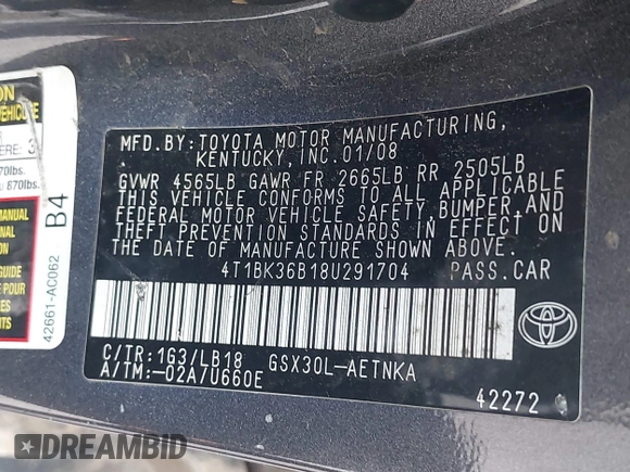 2008 Toyota Avalon XL z VIN 4T1BK36B18U291704, wystawiony jako IAAI lot #42253335 z przebiegiem 189 743 mil mil oraz . Historia ofert i sprzedaży dostępna na DreamBid. Obrazek 9.