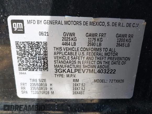 2021 GMC Terrain SLT with VIN 3GKALPEV7ML403222, listed as a IAAI auction lot 41893704 with 101,641 mi miles and . Bid and sale history available at DreamBid. Image 9.