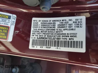 2012 Honda CR-V EX-L with VIN 5J6RM3H72CL021881, listed as a Copart auction lot 54797945 with 69,033 mi miles and Salvage Title. Bid and sale history available at carsss.com. Image 13.