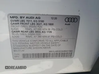 2021 Audi e-tron Premium Plus with VIN WA1LABGE3MB021582, listed as a Copart auction lot 54592203 with 20,377 mi miles. Bid and sale history available at carsss.com. Image 12.