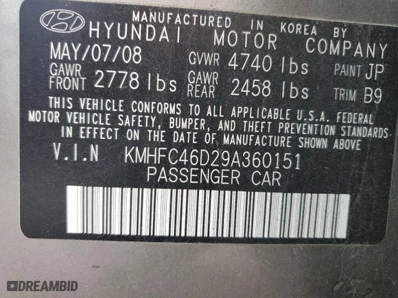 2009 Hyundai Azera GLS with VIN KMHFC46D29A360151, listed as a Copart auction lot 47944885 with 103,850 mi miles and Clean Title. Bid and sale history available at carsss.com. Image 12.
