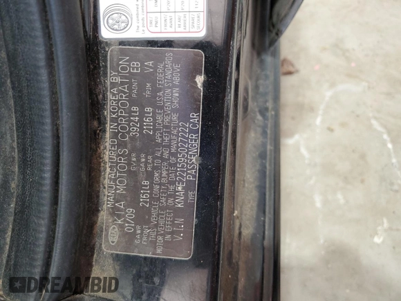 2009 Kia Spectra EX with VIN KNAFE221595027222, listed as a Copart auction lot 71863644 with Not Provided miles and Clean Title. Bid and sale history available at carsss.com. Image 12.