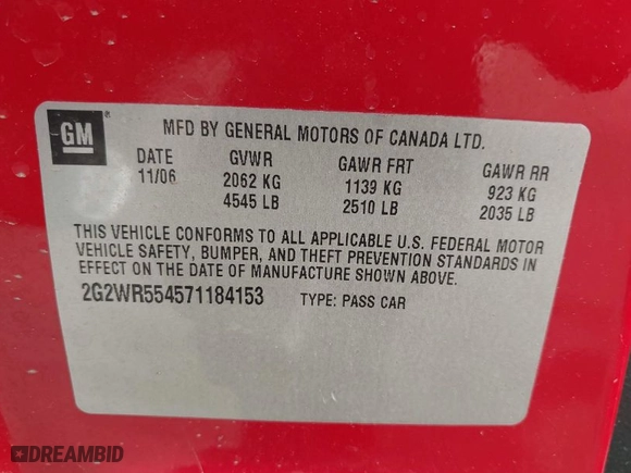 2007 Pontiac Grand Prix GT with VIN 2G2WR554571184153, listed as a IAAI auction lot 41882048 with 107,278 mi miles. Bid and sale history available at carsss.com. Image 9.