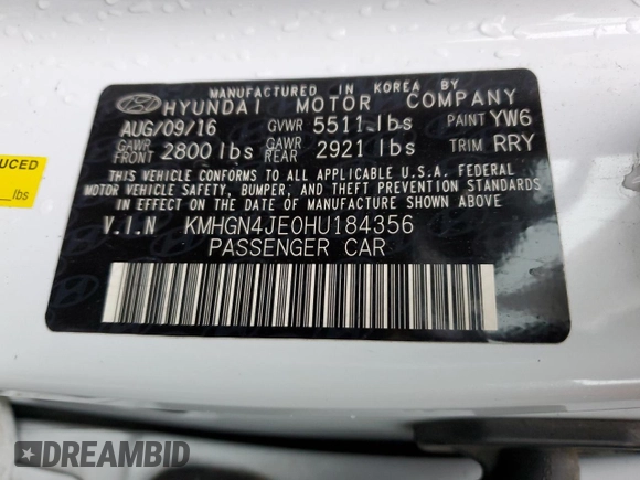 2017 Genesis G80 3.8L with VIN KMHGN4JE0HU184356, listed as a Copart auction lot 83612364 with 115,558 mi miles and Salvage Title. Bid and sale history available at DreamBid. Image 12.