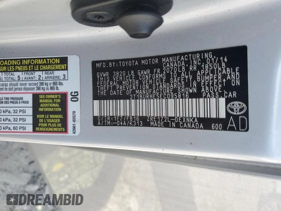 2014 Toyota Corolla L with VIN 2T1BURHE5EC095816, listed as a Copart auction lot 59972315 with 127,330 mi miles and Clean title. Bid and sale history available at DreamBid. Image 12.
