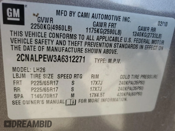2010 Chevrolet Equinox LT w/2LT with VIN 2CNALPEW3A6312271, listed as a Copart auction lot 53323865 with 130,932 mi miles and Clean Title. Bid and sale history available at carsss.com. Image 13.