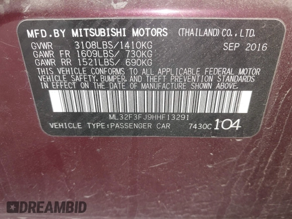 2017 Mitsubishi Mirage ES z VIN ML32F3FJ9HHF13291, wystawiony jako IAAI lot #42340317 z przebiegiem 82 956 mil mil oraz . Historia ofert i sprzedaży dostępna na DreamBid. Obrazek 9.