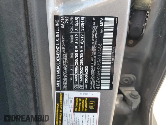 2015 Mercedes-Benz M 350 with VIN 4JGDA5HB3FA612466, listed as a Copart auction lot 63082615 with 74,675 mi miles and Clean title. Bid and sale history available at DreamBid. Image 12.