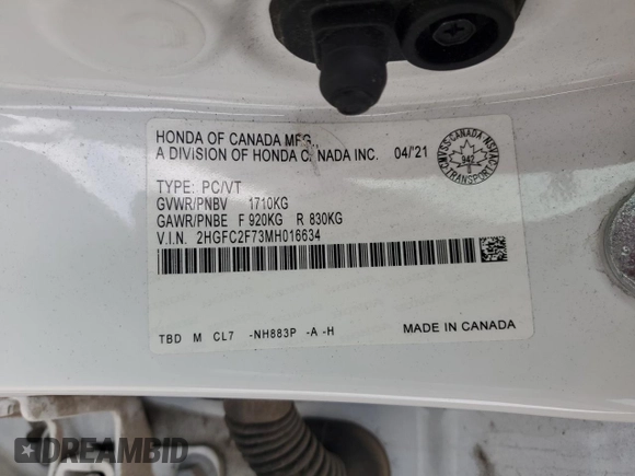 2021 Honda Civic Sedan EX with VIN 2HGFC2F73MH016634, listed as a Copart auction lot 80272854 with 114,941 mi miles and Salvage Title. Bid and sale history available at carsss.com. Image 12.