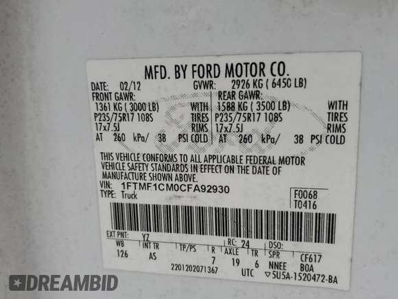 2012 Ford F-150 XL with VIN 1FTMF1CM0CFA92930, listed as a Copart auction lot 85698334 with 180,181 mi miles and Salvage Title. Bid and sale history available at carsss.com. Image 12.