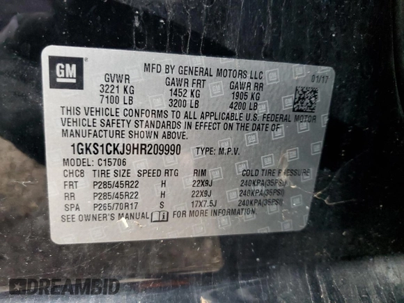 2017 GMC Yukon Denali with VIN 1GKS1CKJ9HR209990, listed as a Copart auction lot 43654895 with 0 mi miles and Salvage Title. Bid and sale history available at carsss.com. Image 14.