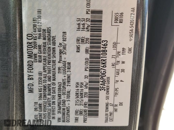 2019 Ford Fusion S with VIN 3FA6P0G76KR108463, listed as a Copart auction lot 54140365 with 111,908 mi miles and Salvage Title. Bid and sale history available at DreamBid. Image 12.