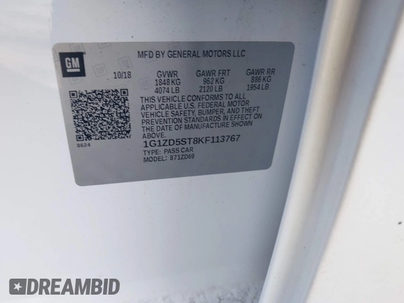 2019 Chevrolet Malibu LT with VIN 1G1ZD5ST8KF113767, listed as a IAAI auction lot 42166577 with 82,553 mi miles and . Bid and sale history available at DreamBid. Image 9.