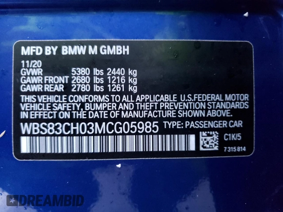 2021 BMW M5 with VIN WBS83CH03MCG05985, listed as a Copart auction lot 72964442 with 1,707 mi miles. Bid and sale history available at carsss.com. Image 12.