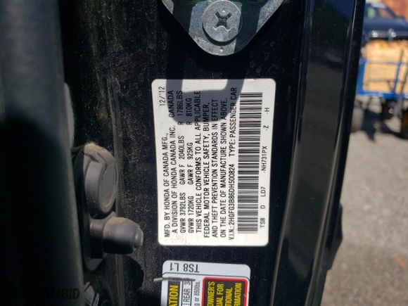 2013 Honda Civic Cpe EX with VIN 2HGFG3B86DH500824, listed as a Copart auction lot 51349475 with 116,577 mi miles and Salvage Title. Bid and sale history available at carsss.com. Image 12.