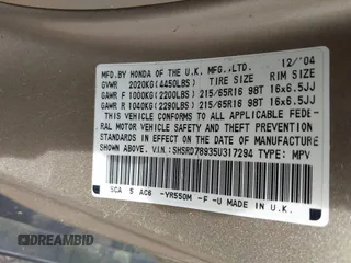 2005 Honda CR-V EX SE z VIN SHSRD78935U317294, wystawiony jako IAAI lot #41964073 z przebiegiem 221 637 mil mil oraz . Historia ofert i sprzedaży dostępna na DreamBid. Obrazek 9.