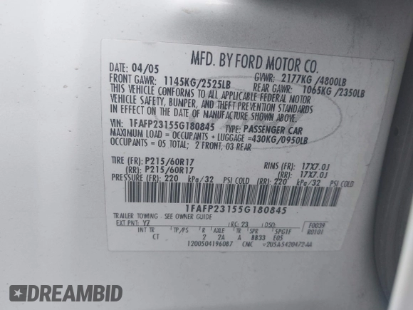 2005 Ford Five Hundred SE с VIN 1FAFP23155G180845, выставлен на аукционе IAAI как лот 42298793 с пробегом 204 197 миль миль и . История ставок и продаж доступна на DreamBid. Изображение 9.