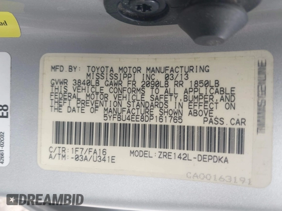 2013 Toyota Corolla L with VIN 5YFBU4EE8DP161765, listed as a IAAI auction lot 42109708 with 105,931 mi miles and . Bid and sale history available at DreamBid. Image 9.