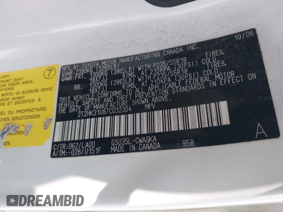 2007 Lexus RX 350 with VIN 2T2HK31U87C032304, listed as a IAAI auction lot 42189058 with 202,695 mi miles and . Bid and sale history available at DreamBid. Image 9.