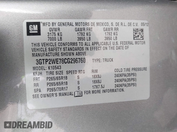 2012 GMC Sierra 1500 SLT с VIN 3GTP2WE78CG296760, выставлен на аукционе IAAI как лот 41670832 с пробегом 284 064 миль миль и . История ставок и продаж доступна на DreamBid. Изображение 9.