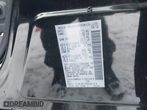 2016 Infiniti QX60 with VIN 5N1AL0MM9GC530142, listed as a IAAI auction lot 40989376 with 116,782 mi miles and . Bid and sale history available at DreamBid. Image 9.