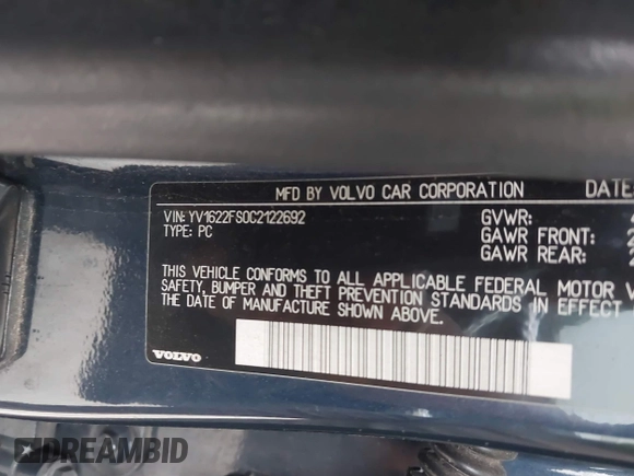 2012 Volvo S60 T5 with VIN YV1622FS0C2122692, listed as a IAAI auction lot 41924096 with 165,749 mi miles. Bid and sale history available at carsss.com. Image 9.