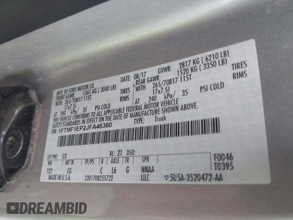 2018 Ford F-150 XL with VIN 1FTMF1EP2JFA46360, listed as a IAAI auction lot 41512148 with 107,667 mi miles. Bid and sale history available at carsss.com. Image 9.