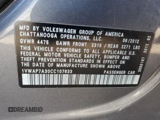 2012 Volkswagen Passat S w/Appearance with VIN 1VWAP7A30CC107633, listed as a Copart auction lot 43478945 with 219,745 mi miles and Clean Title. Bid and sale history available at carsss.com. Image 12.