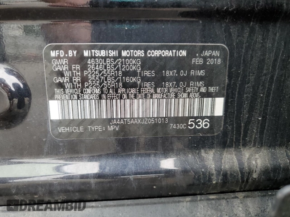2018 Mitsubishi Eclipse Cross SE z VIN JA4AT5AAXJZ051013, wystawiony jako Copart lot #62738635 z przebiegiem 106 326 mil mil oraz Szkoda całkowita • Salvage title. Historia ofert i sprzedaży dostępna na DreamBid. Obrazek 14.