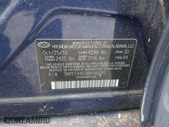 2011 Hyundai Sonata Limited with VIN 5NPEC4AC5BH190087, listed as a IAAI auction lot 42187962 with 226,578 mi miles and . Bid and sale history available at DreamBid. Image 9.