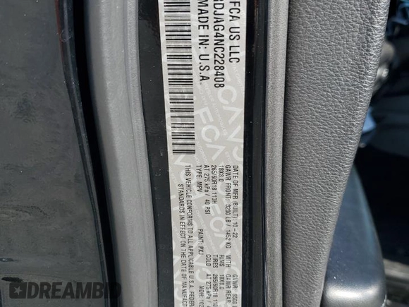 2022 Dodge Durango SXT with VIN 1C4RDJAG4NC228408, listed as a Copart auction lot 42177195 with 75,356 mi miles and Salvage Title. Bid and sale history available at DreamBid. Image 16.