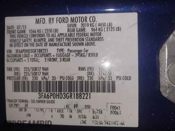 2016 Ford Fusion SE with VIN 3FA6P0HD3GR188221, listed as a IAAI auction lot 41327227 with 98,167 mi miles. Bid and sale history available at carsss.com. Image 9.