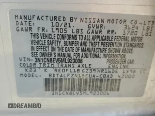 2021 Nissan Versa SV with VIN 3N1CN8EV5ML923006, listed as a Copart auction lot 58546675 with 33,580 mi miles and Salvage title. Bid and sale history available at DreamBid. Image 12.