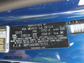 2024 Kia Forte LXS with VIN 3KPF24AD8RE735701, listed as a IAAI auction lot 42080715 with 21,401 mi miles and . Bid and sale history available at DreamBid. Image 9.