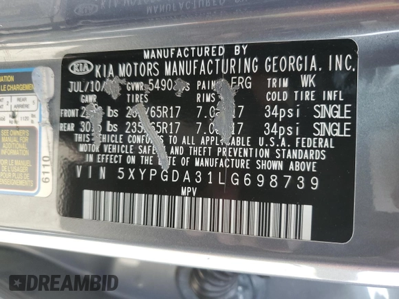 2020 Kia Sorento LX with VIN 5XYPGDA31LG698739, listed as a Copart auction lot 47541525 with 103,246 mi miles and Salvage Title. Bid and sale history available at DreamBid. Image 13.